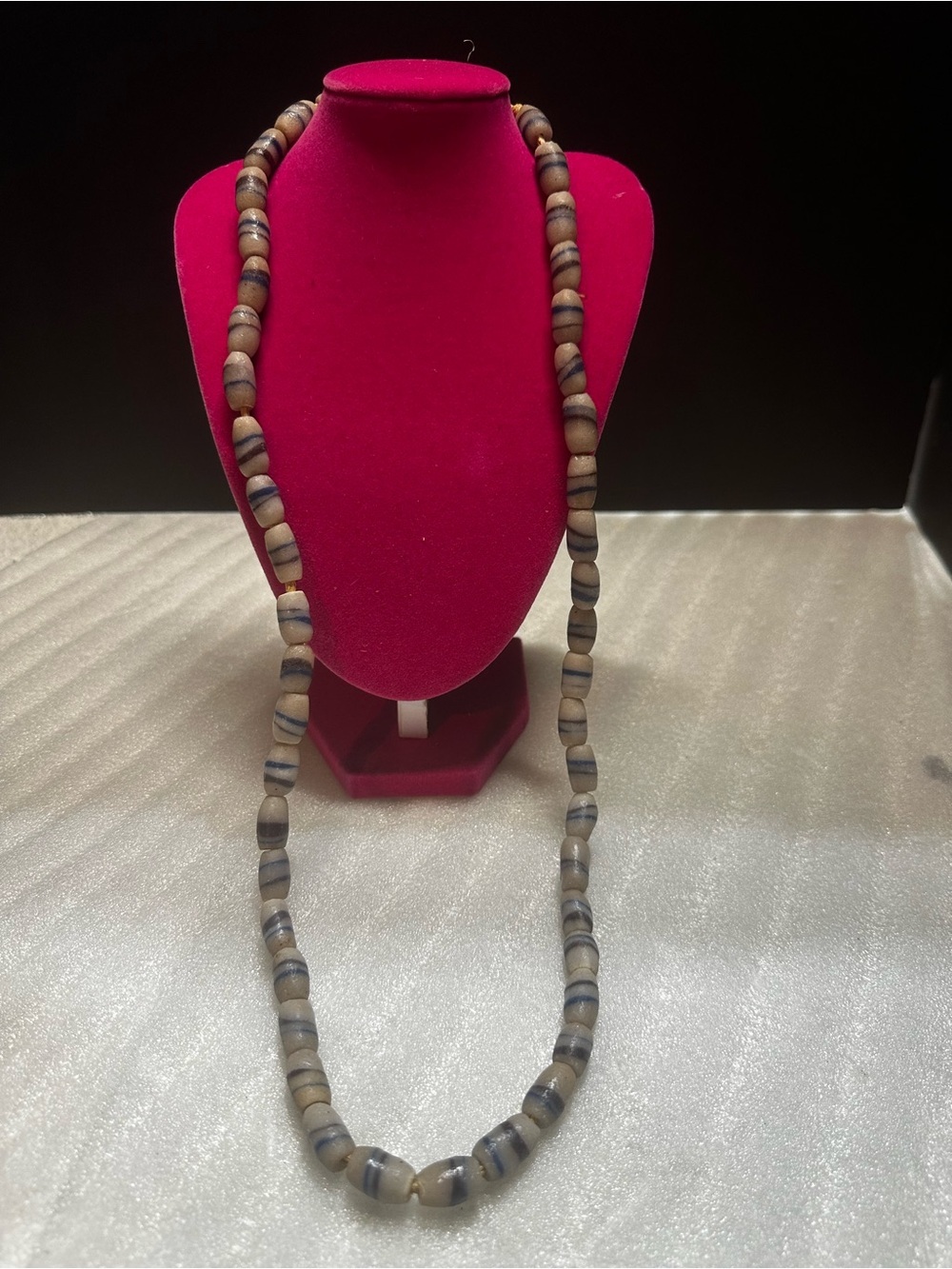 Vintage 30 inch handmade African bead necklace, gray blue striped stone/ceramic